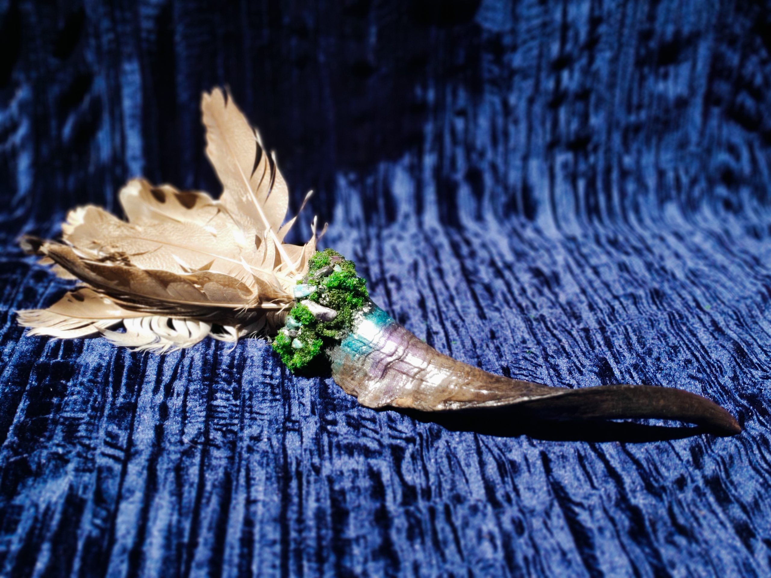 Large Goat horn Hawk feather Smudging Wand