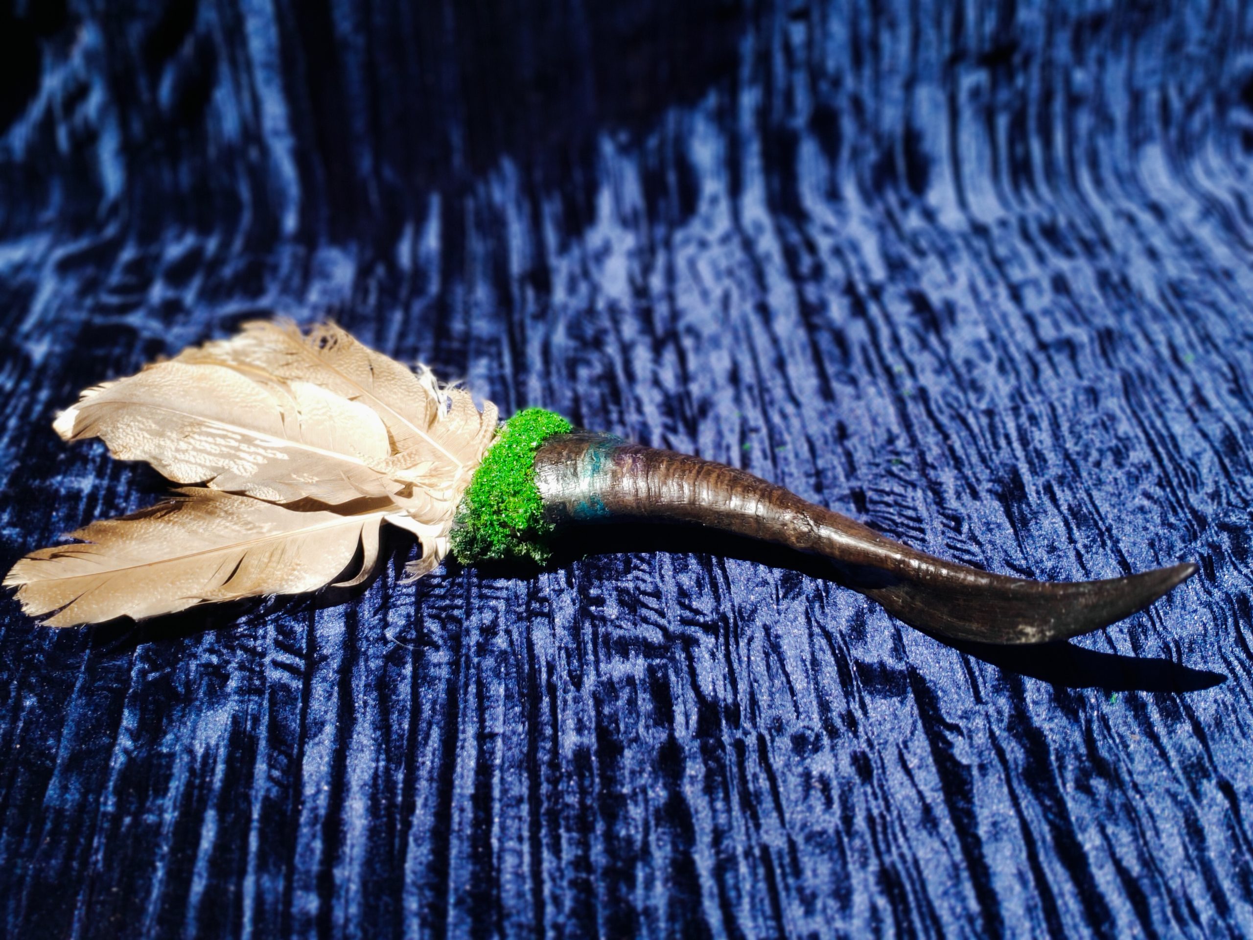 Large Goat horn Hawk feather Smudging Wand